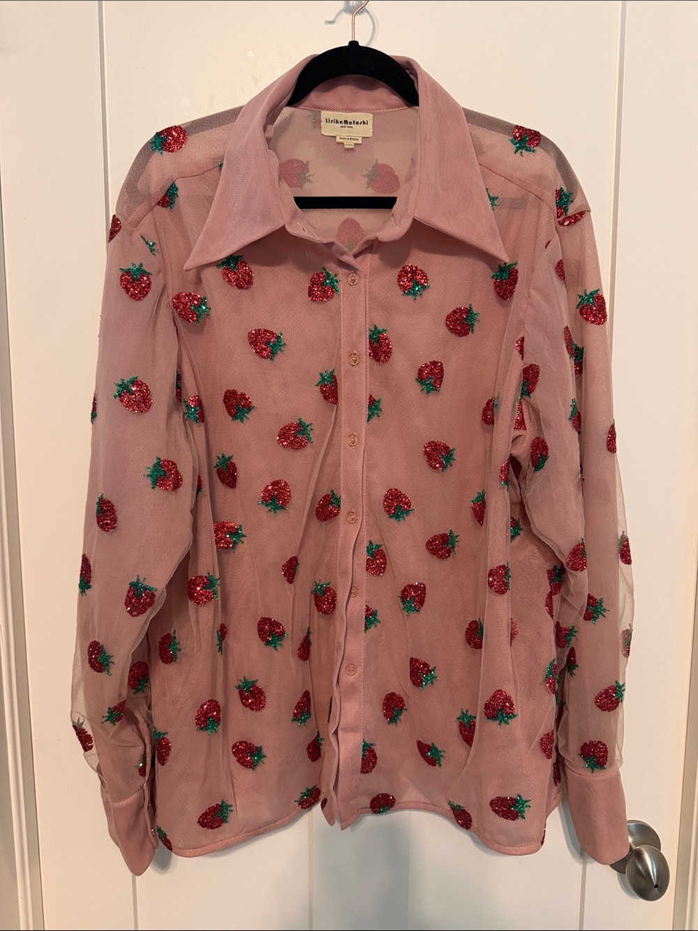 Lirika Matoshi Pink Sheer Classic Strawberry-Print Blouse Plus Size XXL